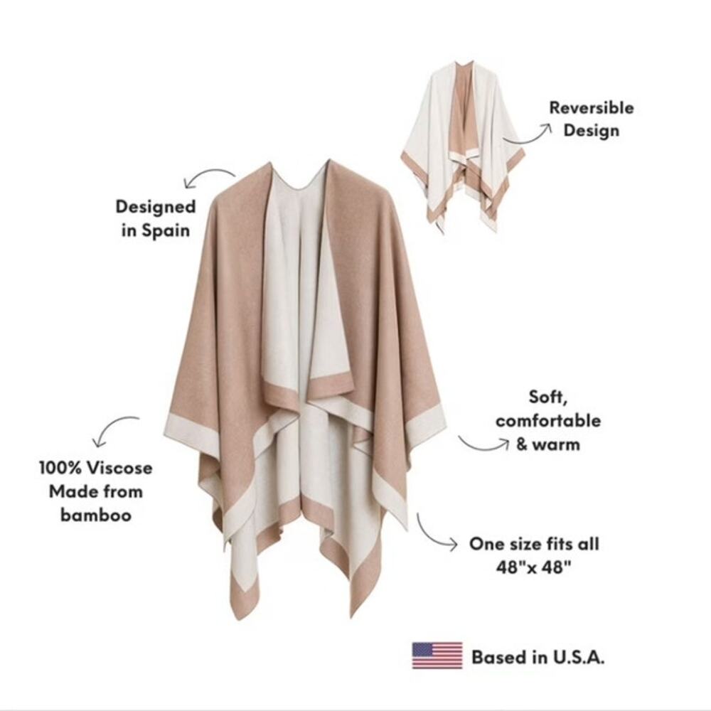 Mellifluous Tan and White Lightweight Casual Poncho Womens NWT - Picture 3 of 10